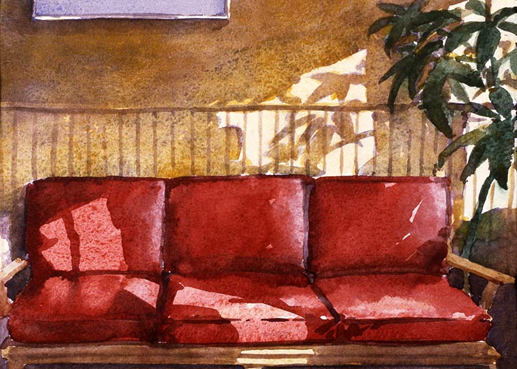 Robert Spellman watercolor of a red couch in sunlight.