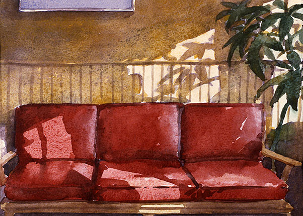 A watercolor of a 1950s red sofa in sunlight