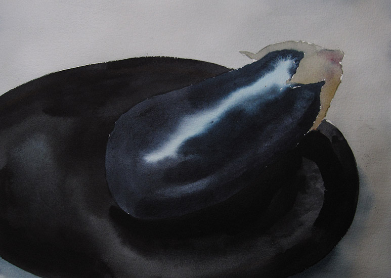 Robert Spellman watercolor of a dark colored plate holding a single eggplant