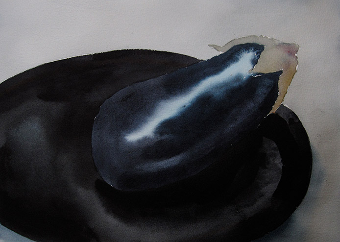 Robert Spellman watercolor of a dark colored plate holding a single eggplant.