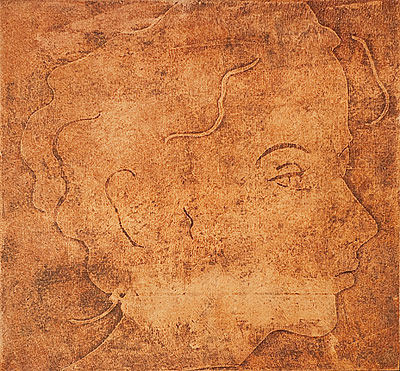 a portrait with apparent embossing, done in burnt sienna acrylic
