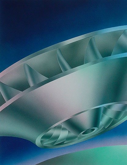 Robert Spellman airbrush illustration of a turbine mother ship in space