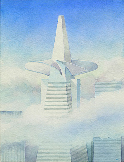 Robert Spellman airbrush illustration of a hydroelectric turbine atop San Francisco's Transamerica Building