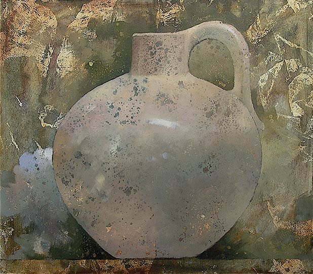 Robert Spellman painting of a small, antique clay jug with handle.