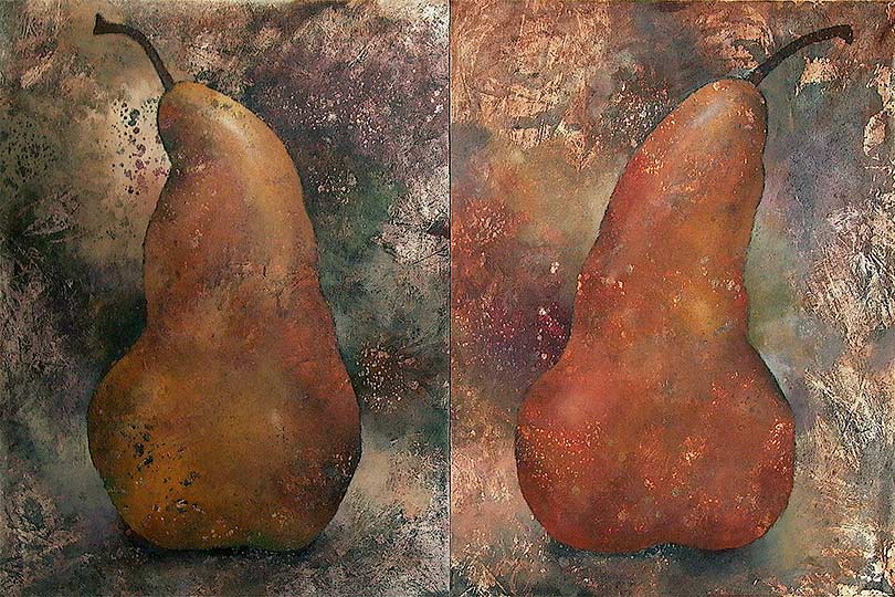 Robert Spellman two panel painting of bosc pears