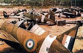 a photograph of damaged Brewster Buffalo fighter planes in the south Pacific theater of World War II.