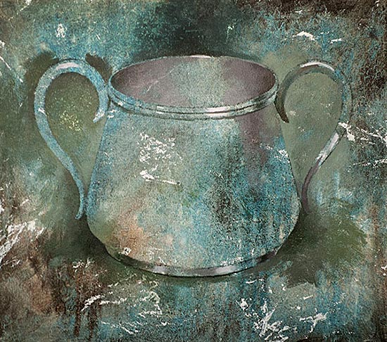 A robert spellman painting on canvas of a two-handled, silver cup.