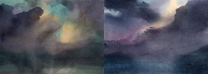 A watercolor diptych of the ocean with the sky indicating the approach of dusk.