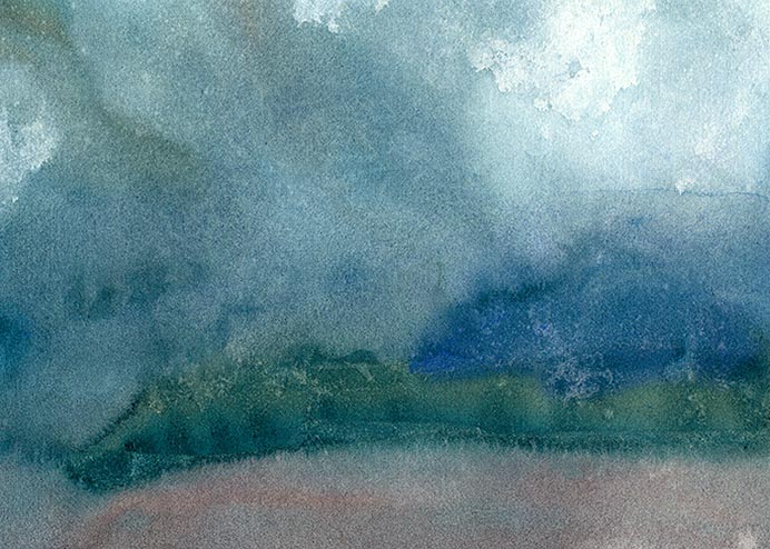 A Robert Spellman watercolor of rain clouds over a mountain.
