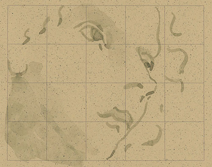Robert Spellman brush drawing of a face in a grid.