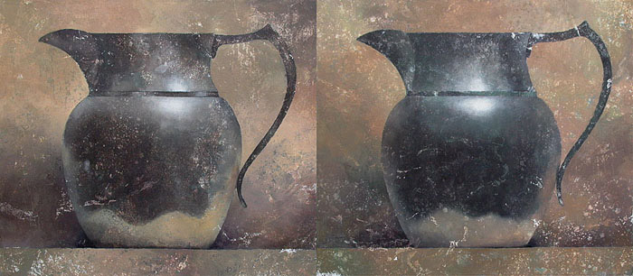 two-panel painting of pewter pitchers