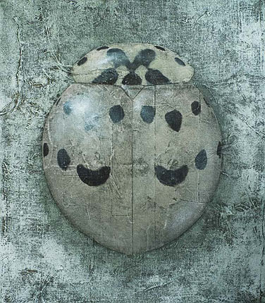 a painting of a single lady beetle, a variety that is gray and black