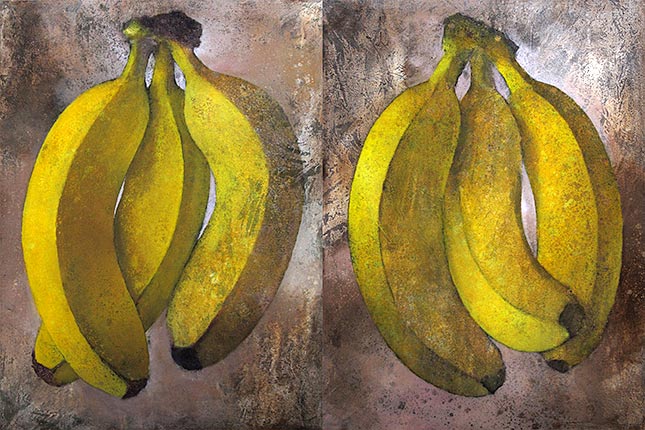 a two panel painting of bananas