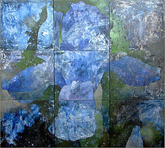 nine-panel painting of a single blue iris flower