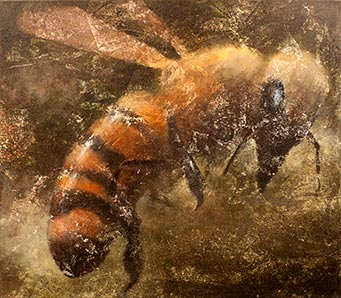a painting of a single honeybee, facing right