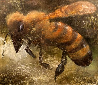 a painting of a single honey bee, facing left