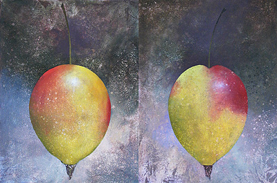 A two panel painting of crabapples.