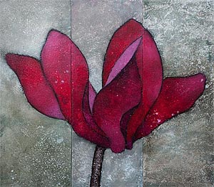 A three-panel painting of a single cyclamen flower