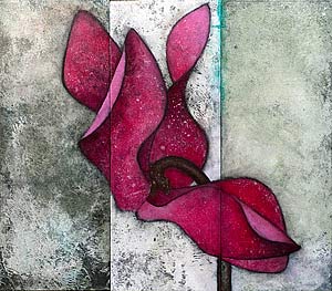 A three-panel painting of a single cyclamen flower