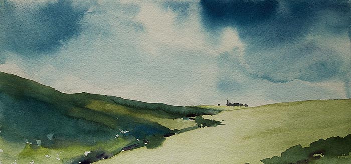 a watercolor of broad meadows in late afternoon