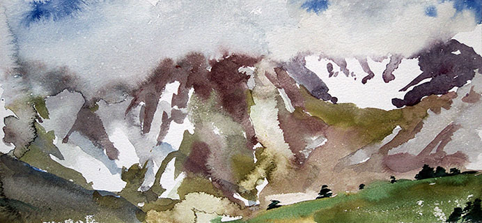 a watercolor of the Colorado Rocky Mountains above treeline.