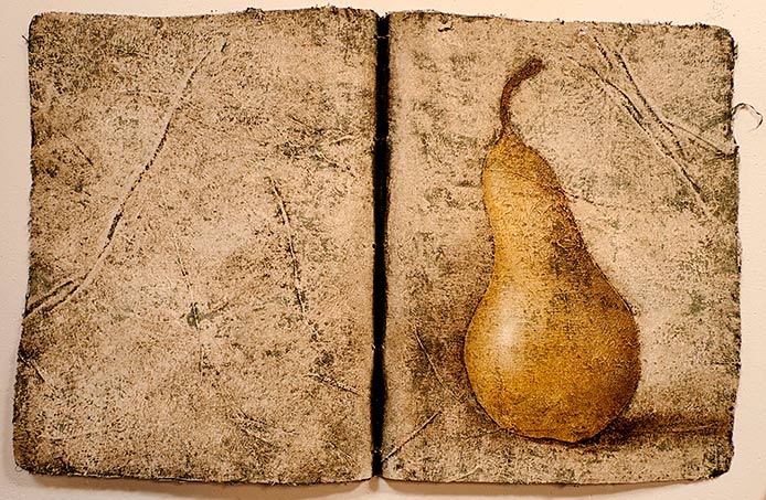 a painting of a single pear on canvas prepared to look like ancient vellum.