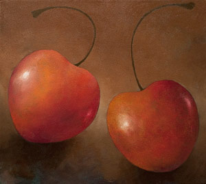 painting of two Queen Anne cherries at close range