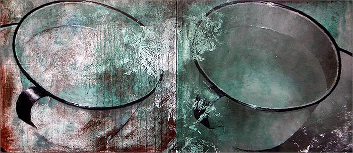 A two-panel painting of tin cups, painted in a deliberate style of deterioration.