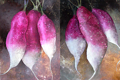 two-panel painting of radishes