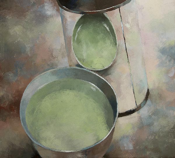 Robert Spellman painting of a shiny can and a lime green bowl.