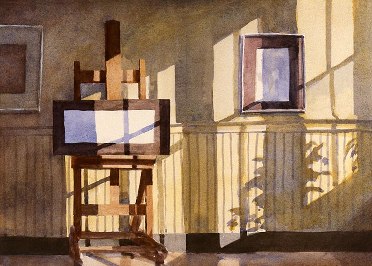 Watercolor painting of a sunny art studio with easel.