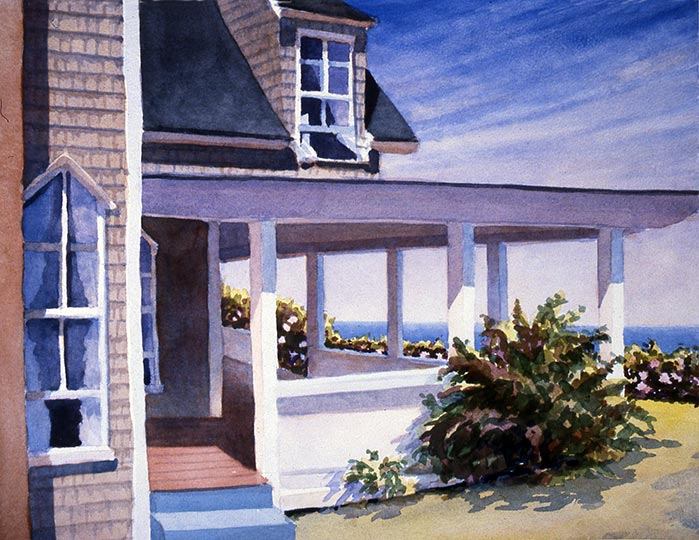 Watercolor painting of a sunlit porch overlooking the Atlantic Ocean.
