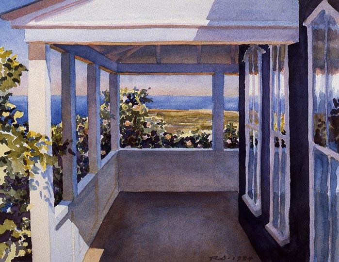 Watercolor painting of a sunlit porch overlooking the Atlantic Ocean.