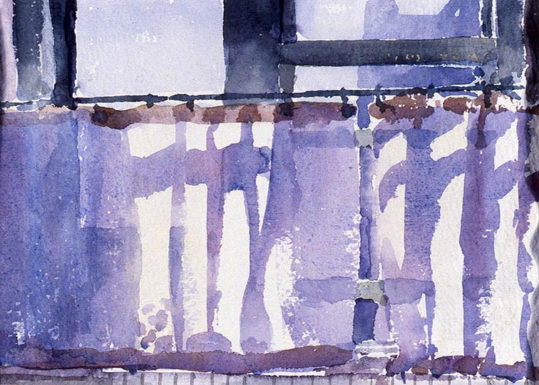 Watercolor painting of a sunlit porch overlooking the Atlantic Ocean.