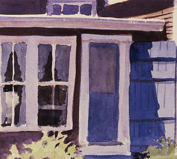 Watercolor painting of sunlit kitchen door.