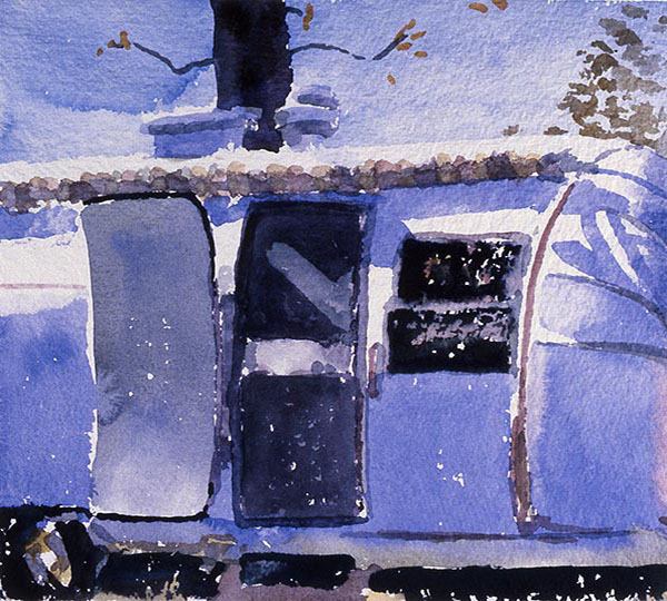 Watercolor painting of a silver vacation trailer.