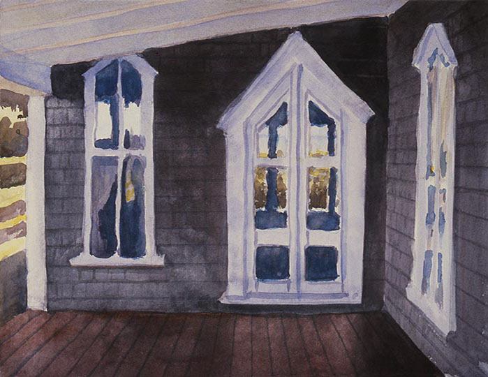 Watercolor painting of a sunlit porch overlooking the Atlantic Ocean.