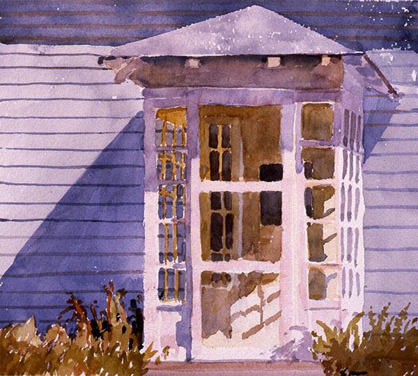 Watercolor painting of an enclosed house entrance in New England.
