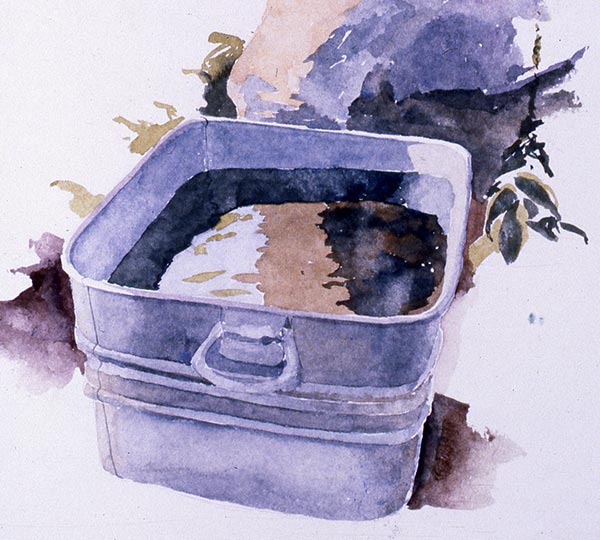 Watercolor painting of a large galvanized tub of water.