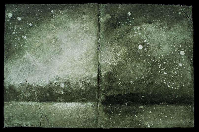 Painting of an imaginary expanse of sea and sky; looks like a folio from an ancient book.