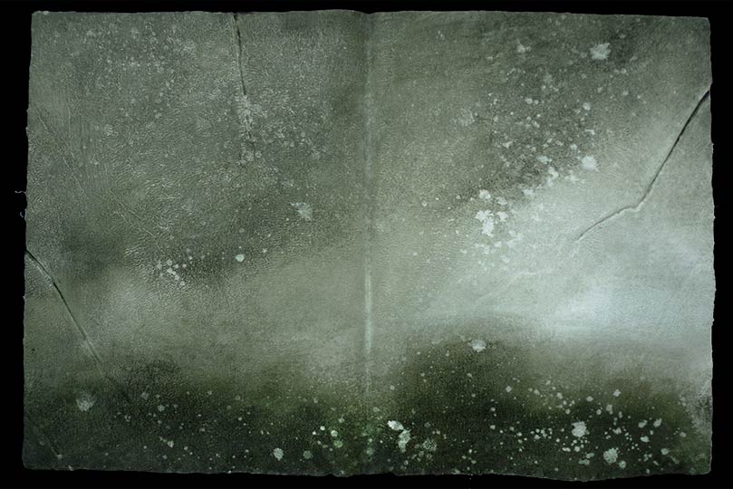 Painting of an imaginary expanse of sea and sky; looks like a folio from an ancient book.