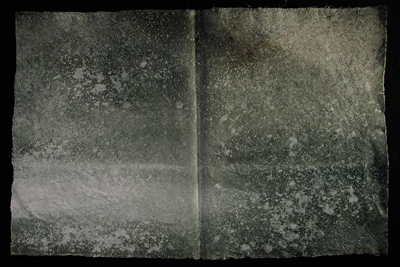 Painting of an imaginary expanse of sea and sky; looks like a folio from an ancient book.