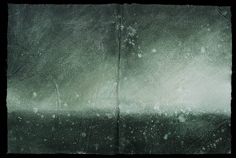 Painting of an imaginary expanse of sea and sky; looks like a folio from an ancient book.