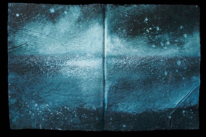 Painting of an imaginary expanse of sea and sky; looks like a folio from an ancient book.