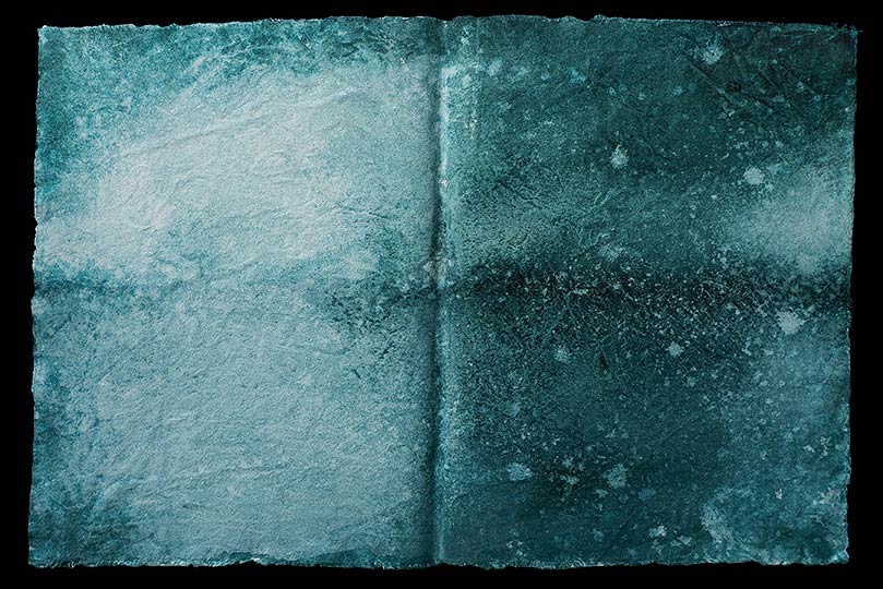 Painting of an imaginary expanse of sea and sky; looks like a folio from an ancient book.