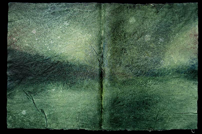Painting of an imaginary expanse of sea and sky; looks like a folio from an ancient book.