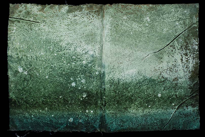 Painting of an imaginary expanse of sea and sky; looks like a folio from an ancient book.