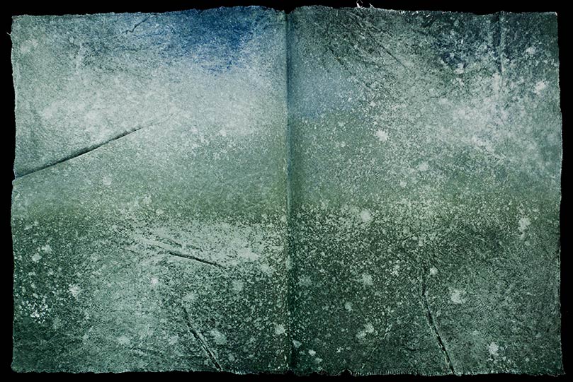 Painting of an imaginary expanse of sea and sky; looks like a folio from an ancient book.