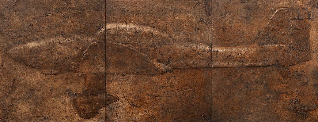 Horizontal painting of a World War II fighter plane.