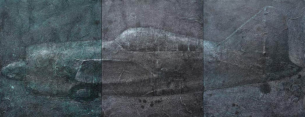 Horizontal painting of a World War II fighter plane.